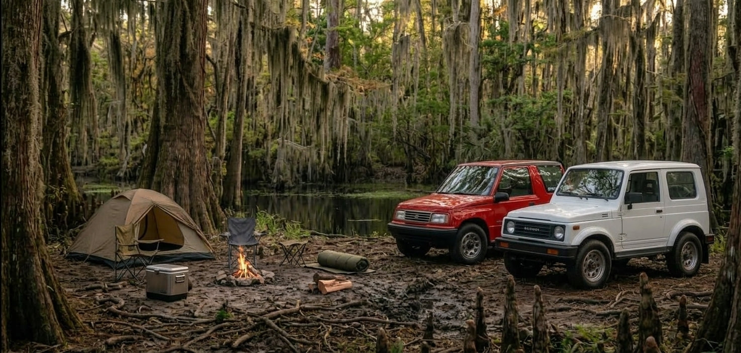 Red Suzuki Sidekick and white Suzuki Samurai at a wooded waterside campsite
