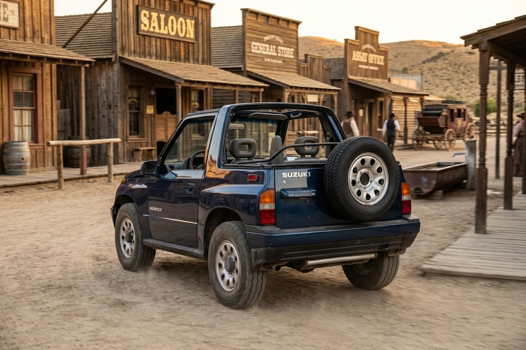 Blue Suzuki Sidekick in a Western town